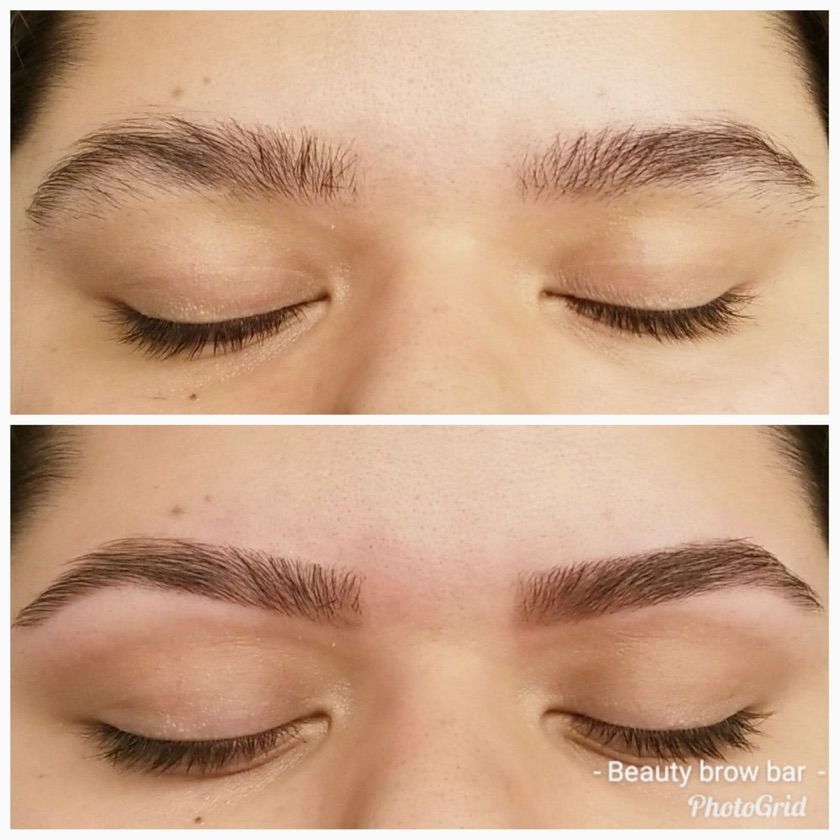Before and after: sparse outer brows threaded into an even shape