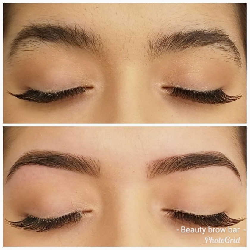 Before and after: full brows cleaned into a high, defined arch