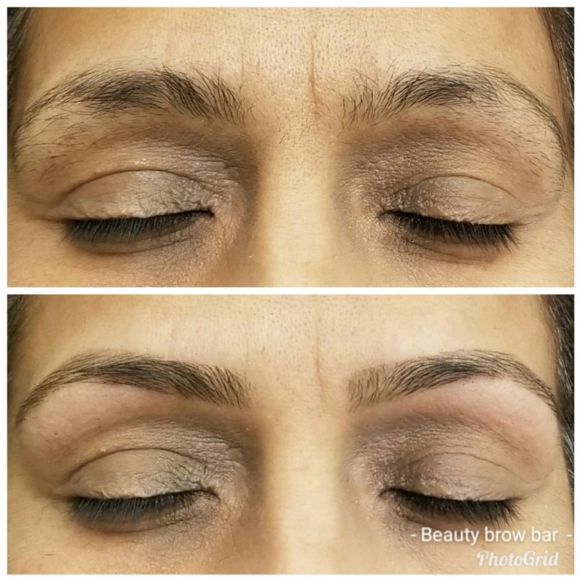 Before and after: brows reshaped into a smooth, even curve