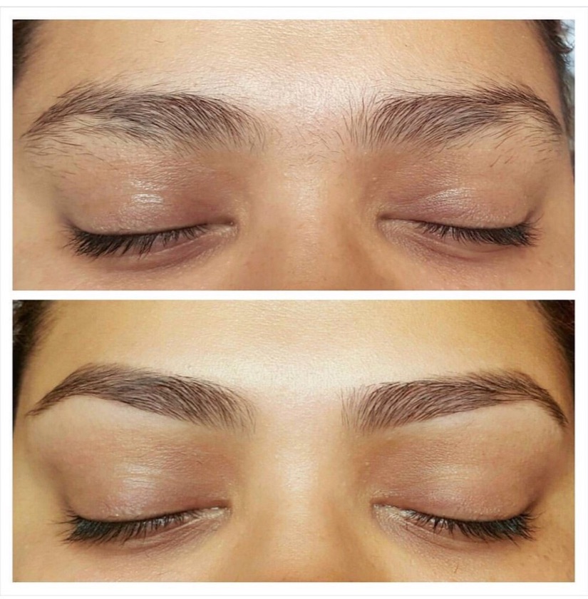 Before and after: undefined brows shaped into a soft natural arch
